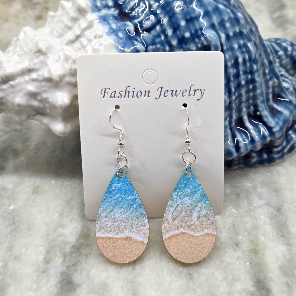 925 Sterling Silver Hooks with Beach Waves Blue and Tan Teardrop Earrings